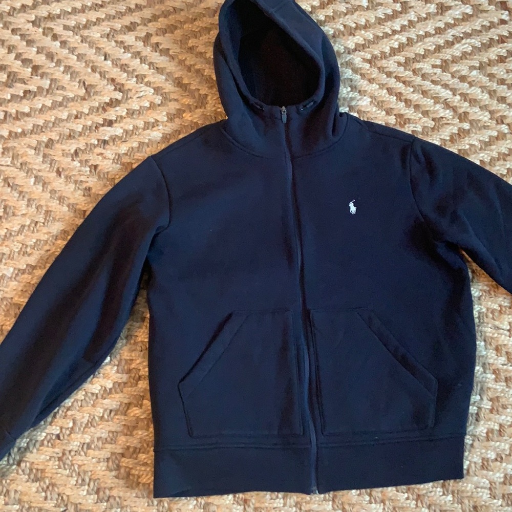 Polo navy zip up hoodie, fleece lined. L